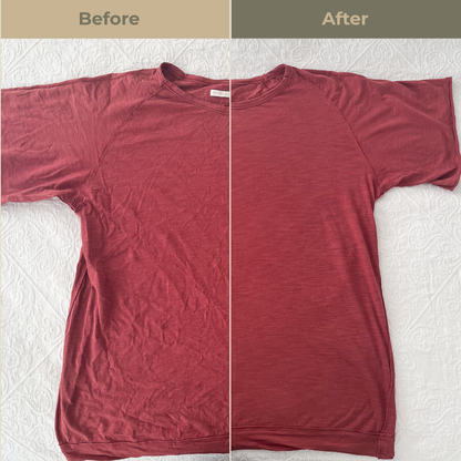 Comparison of a red t-shirt before and after using Uncrumpled anti-crease spray. Side labeled 'Before' appears wrinkled while the side labeled 'after' appears smoother with no wrinkles. 