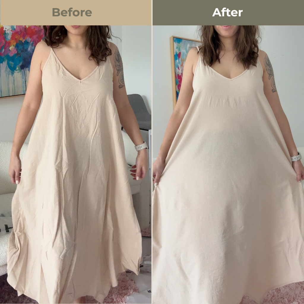 Comparison of a person wearing beige dress before and after using Uncrumpled