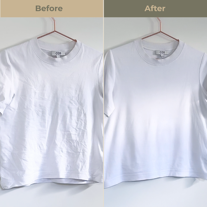 Comparison of a plain white t-shirt before and after using Uncrumpled anti-crease spray. Side labeled 'Before' appears wrinkled while the side labeled 'after' appears smoother with no wrinkles.