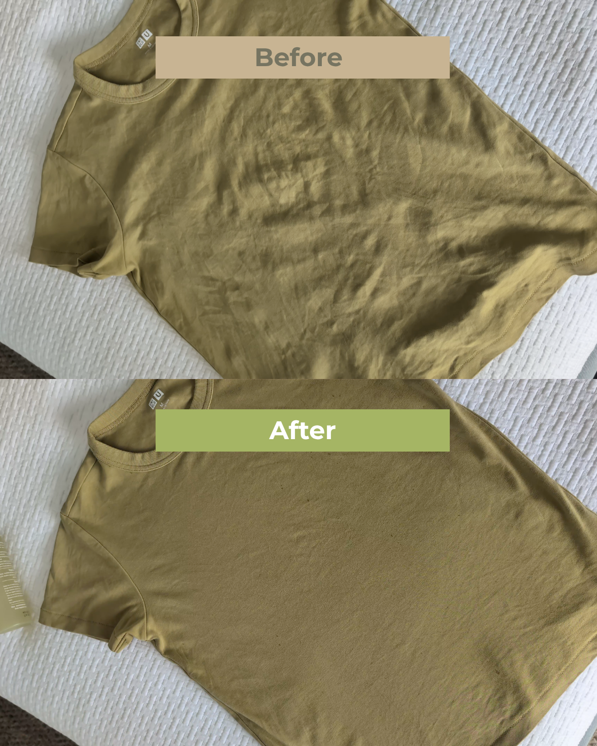 Comparison of a green shirt before and after using Uncrumpled anti-crease spray