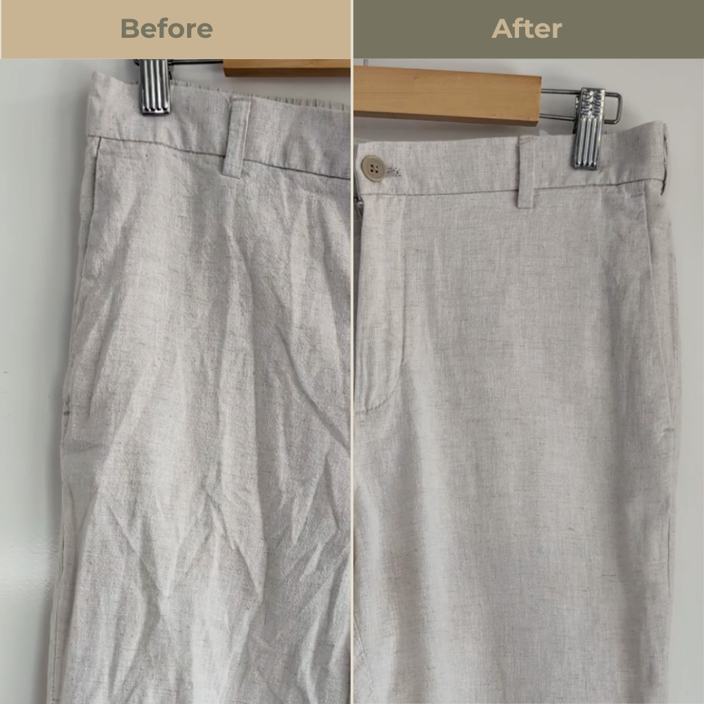 Comparison of gray pants before and after using Uncrumpled anti-crease spray.