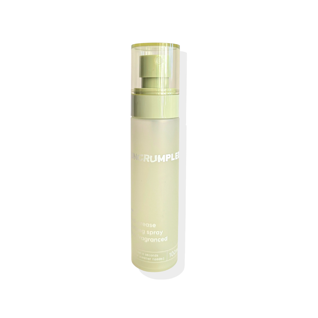 The Uncrumpled 100ml travel-sized light green anti-crease spray bottle