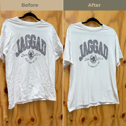 Comparison of a white t-shirt with 'JAGGAD' print on a wooden wall background, showing comparison before and after using Uncrumpled anti-crease spray. The side labeled "Before" shows the t-shirt all wrinkled, while the side labeled "after" shows the t-shirt smoother and without wrinkles.