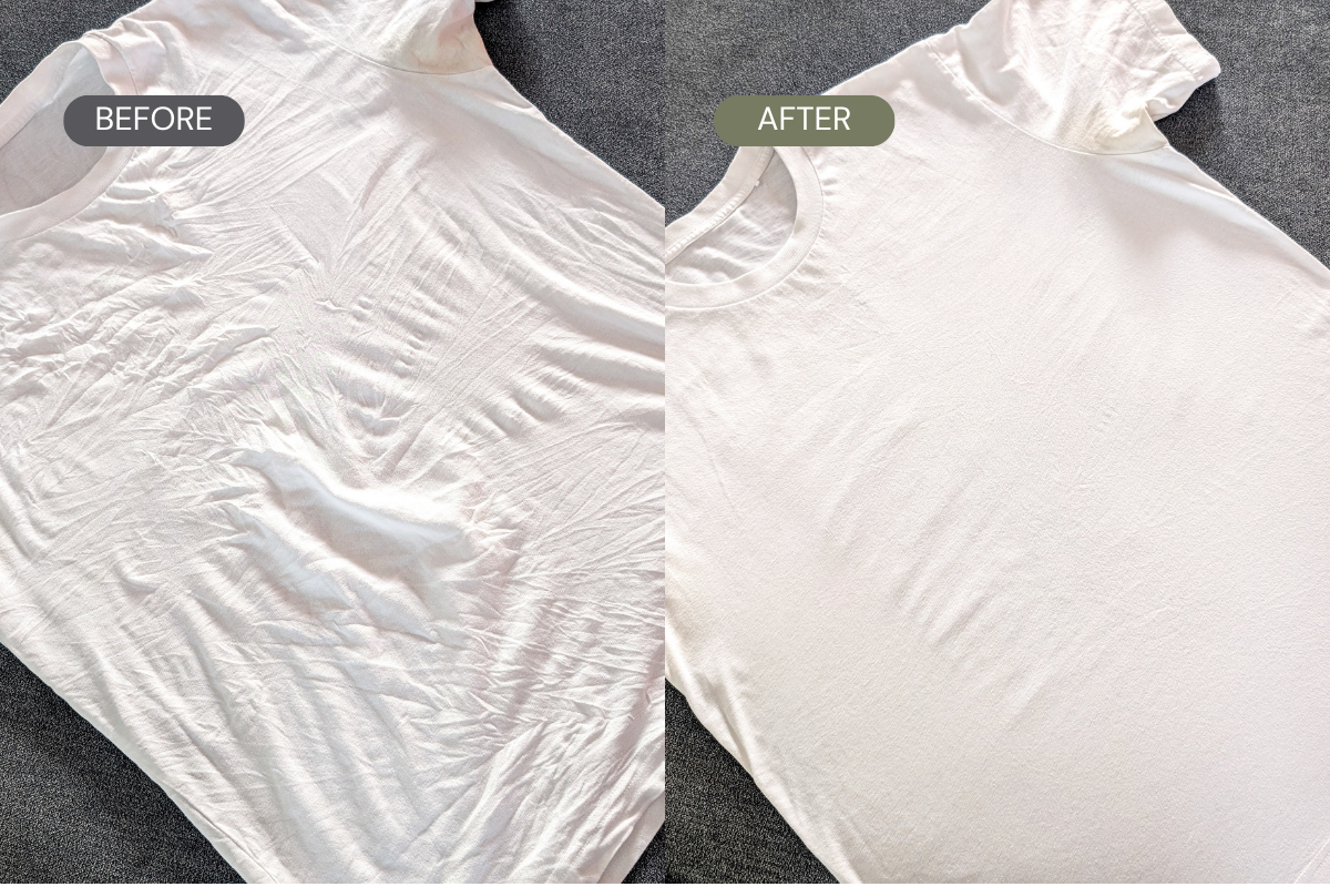 A side-by-side before and after comparison of a t-shirt laid flat on a dark gray surface, with 'BEFORE' on the left and 'AFTER' on the right. Before shows a wrinkled shirt and after shows a smooth shirt with no wrinkles.