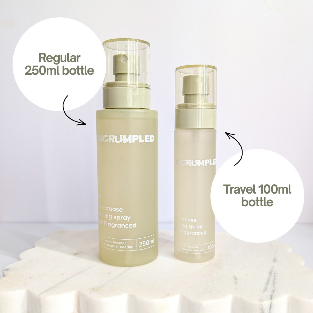 Regular sized Uncrumpled 250 ml bottle beside the travel sized Uncrumpled 100 ml bottle
