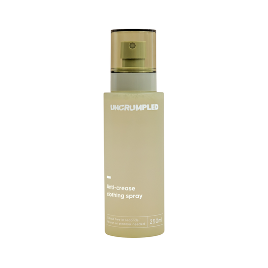 Green regular-sized bottle of Uncrumpled anti-crease spray against a plain white background 