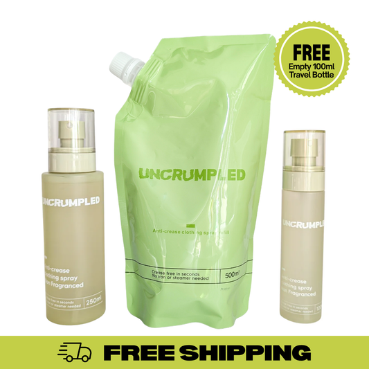 Uncrumpled anti-crease range featuring a large light green refill pouch in the center, regular sized spray bottle on its left and travel-sized spray bottle on the right. A green circular badge is in the top right that reads 'FREE Empty 100ml Travel Bottle'. A green label that reads 'free shipping' is in the bottom 