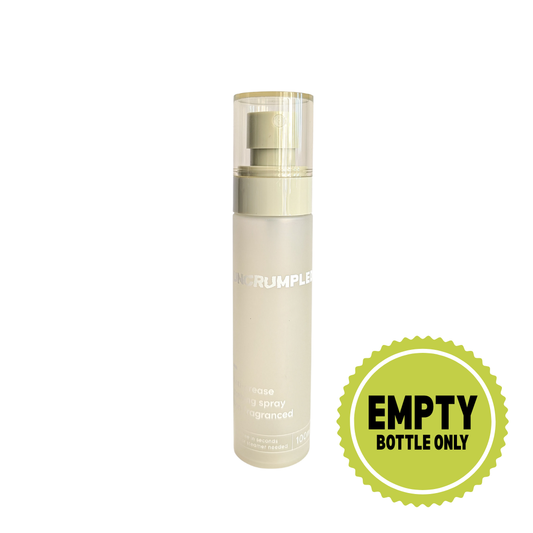 Uncrumpled travel-sized anti-crease spray bottle with 'empty bottle only' label on a white background